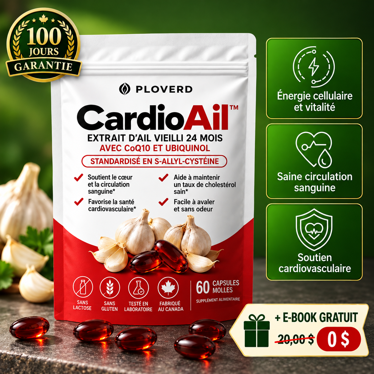PLOVERD CardioAil™ – Extrait d'ail vieilli pendant 24 mois avec CoQ10 et vitamine K2